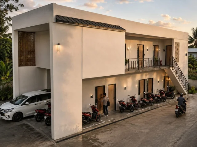 Kost Dua Lantai — Koridor Terbuka · Eksterior perspektif