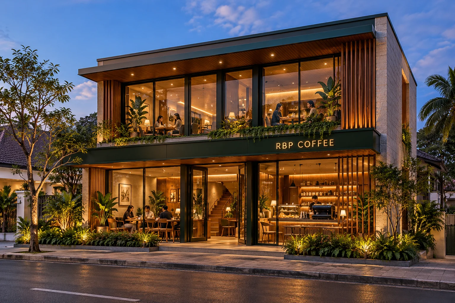 Konsep RBP Coffee dua lantai dengan kaca lebar, kayu hangat, dan pencahayaan sore