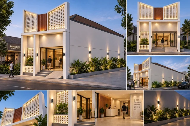 Rumah Ide — Studio Interior · Kolase fasad dan area resepsionis